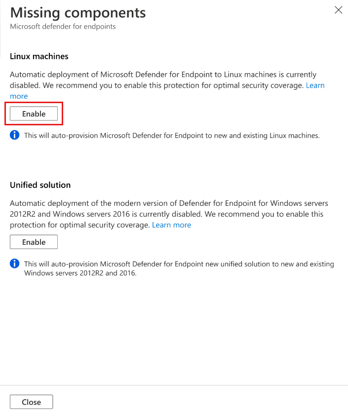 Captura de tela mostrando a ativação da integração entre o Defender for Cloud e a solução EDR da Microsoft, Microsoft Defender for Endpoint for Linux.