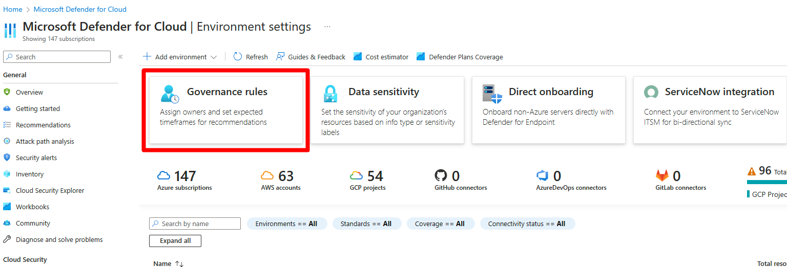 Captura de tela da página de configurações de ambiente que mostra onde o botão de regras de governança está localizado.