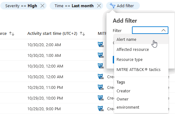 Captura de ecrã que mostra como adicionar filtros à vista de alertas.