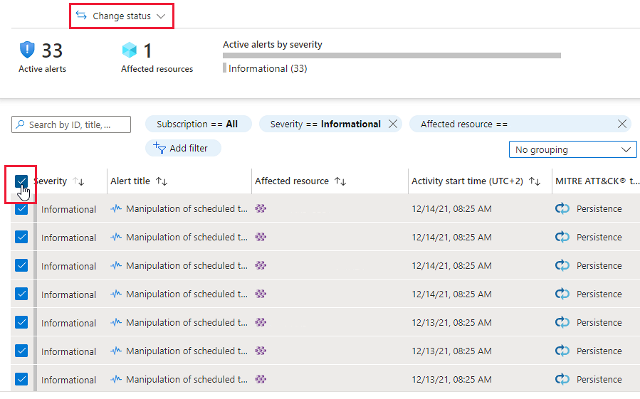 Captura de ecrã a mostrar a seleção de todos os alertas a tratar em massa.