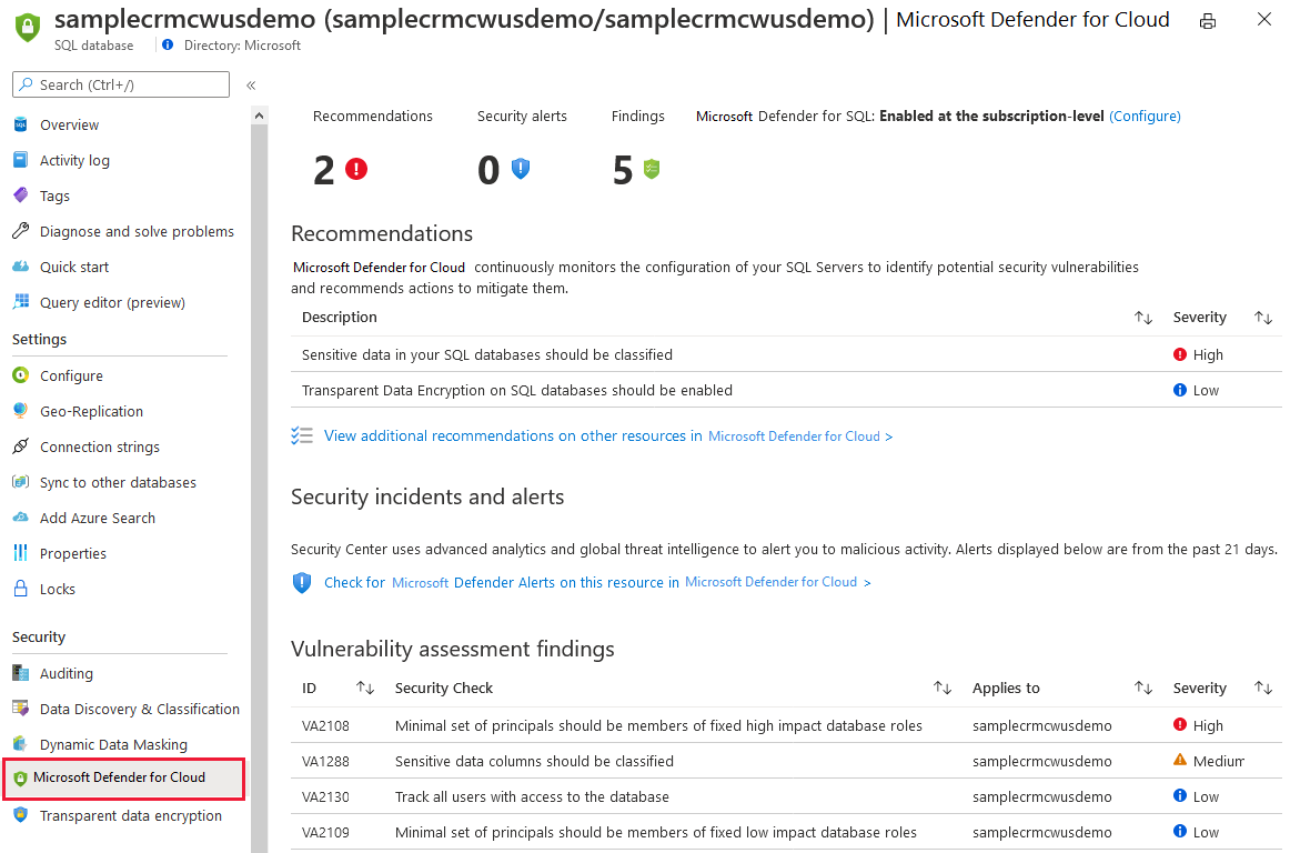 Os recursos de segurança da Central de Segurança do Azure para SQL estão disponíveis no Azure SQL