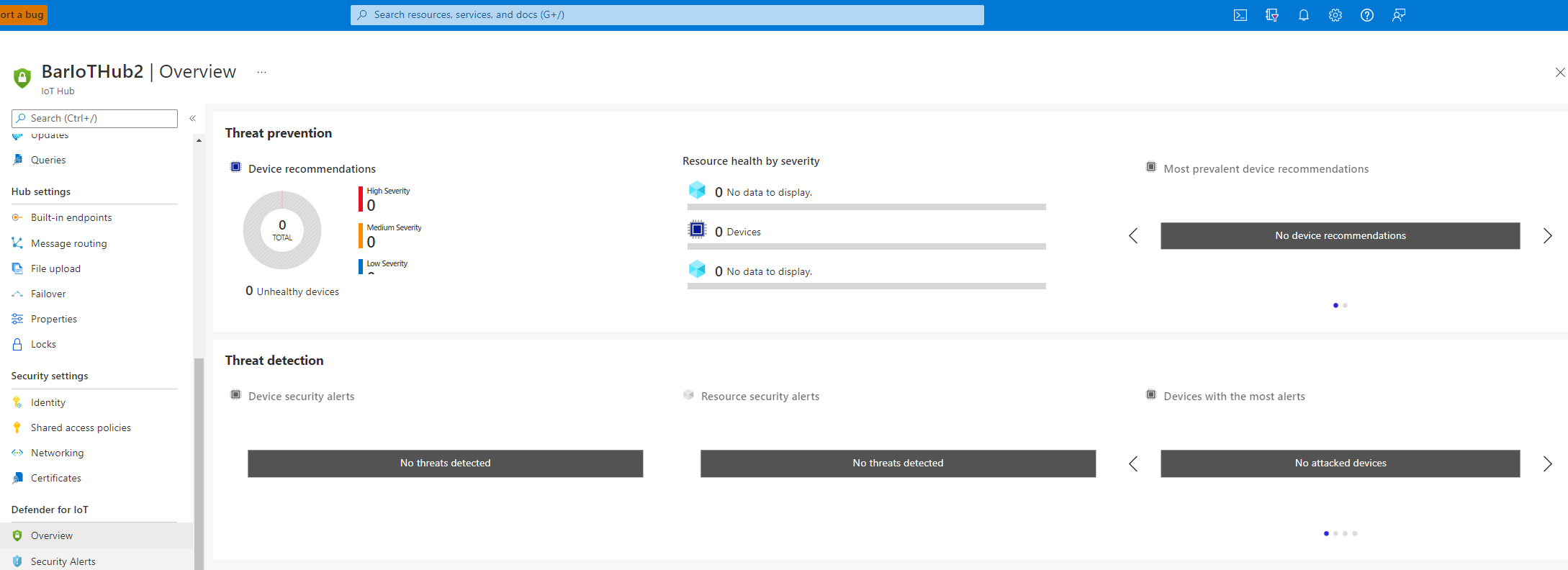 Captura de tela mostrando que o Defender for IoT está habilitado.