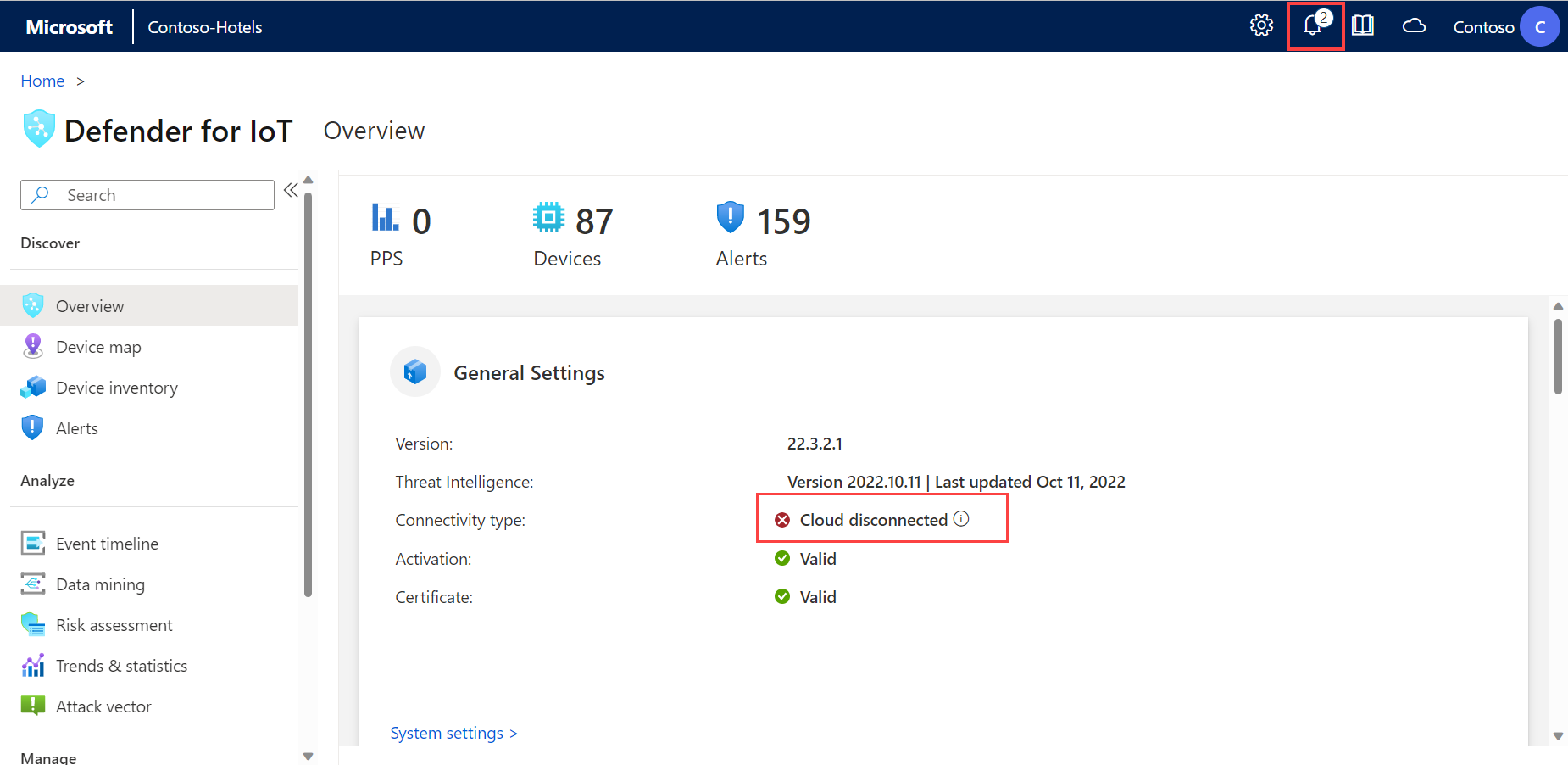 Captura de ecrã do estado de conectividade do Azure apresentado na página Descrição Geral do sensor OT.