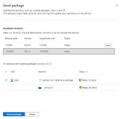 Captura de tela do painel de atualização do sensor com a opção de escolher a versão de atualização do sensor.