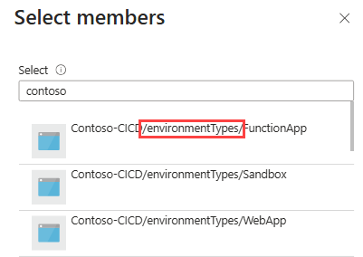 Captura de tela do painel Selecionar membros, mostrando uma lista de tipos de ambiente de projeto com parte do nome realçado.