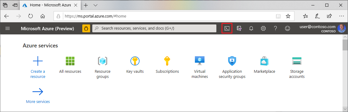 Abra o Cloud Shell no menu superior do portal do Azure.