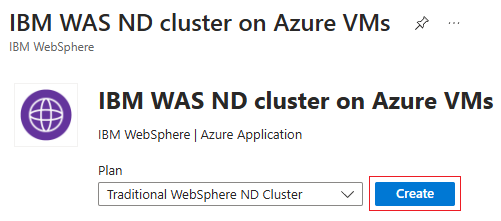 Captura de tela do portal do Azure que mostra o cluster IBM WAS ND na oferta de VMs do Azure.