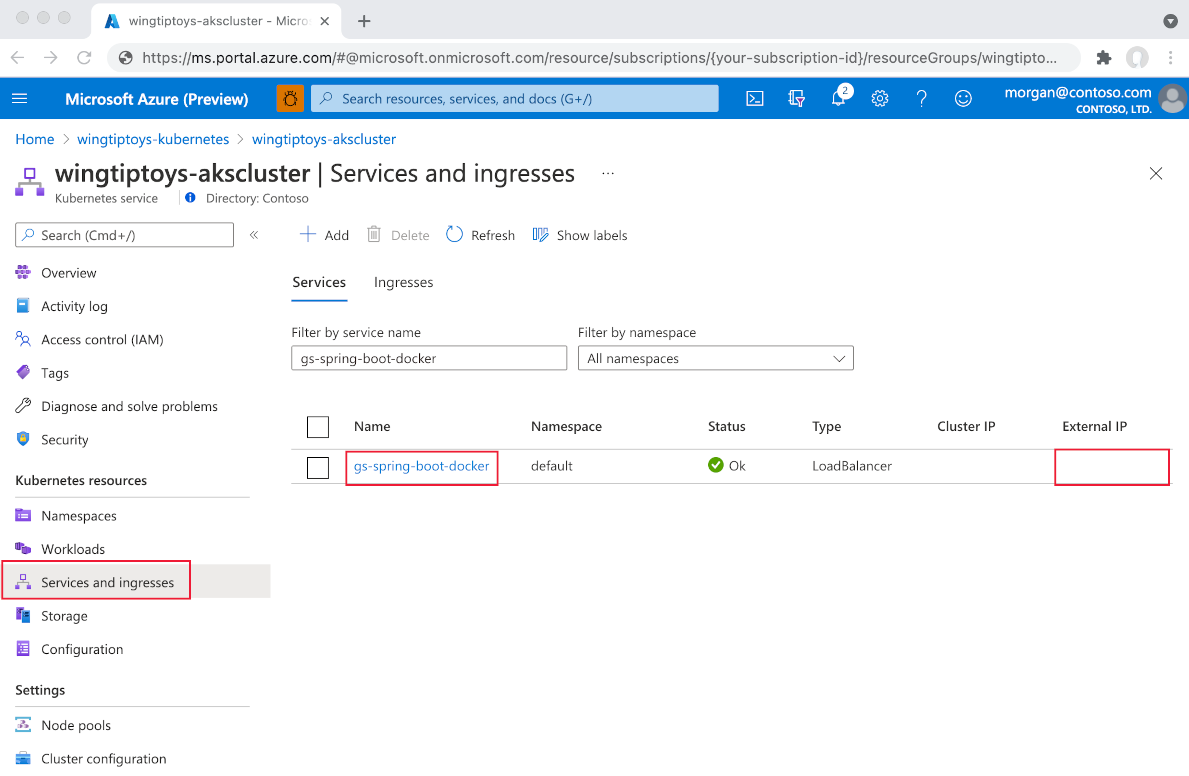 Visualização de recursos do Kubernetes, lista de serviços, pontos de extremidade externos destacados.