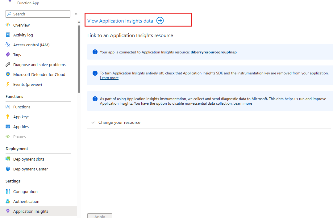 Captura de tela do navegador mostrando as opções de menu. Selecione Application Insights nas Configurações e, em seguida, selecione Exibir dados do Application Insights.