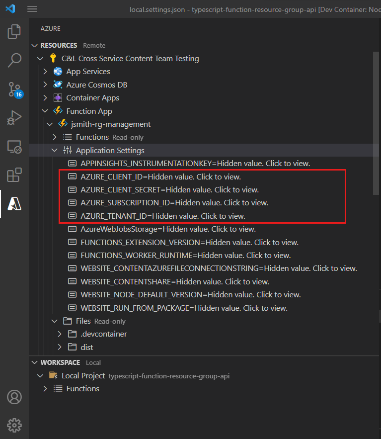 Captura de tela parcial do explorador do Azure do Visual Studio Code mostrando as configurações do aplicativo da função remota/nuvem.