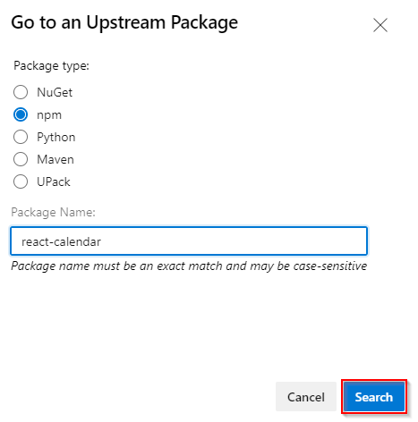 Uma captura de tela mostrando como procurar um pacote em fontes upstream.