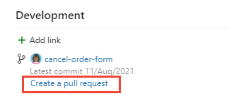 A captura de tela mostra o controle de desenvolvimento, Link Criar solicitação pull.