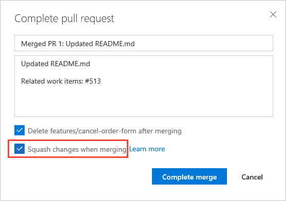 A captura de tela mostra a caixa de diálogo Concluir solicitação pull, marque squash-merge.