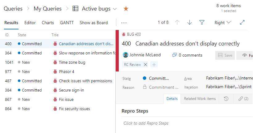 Captura de ecrã do painel Direito dos Resultados da Consulta, Bugs Ativos e Modo de Triagem.