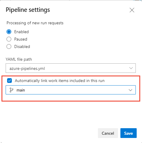 Captura de tela de Configurações de pipeline com Vincular automaticamente itens de trabalho nesta execução a partir da ramificação selecionada realçada.