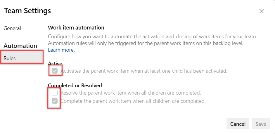 Captura de tela da página de configurações de regras de automação da equipe.