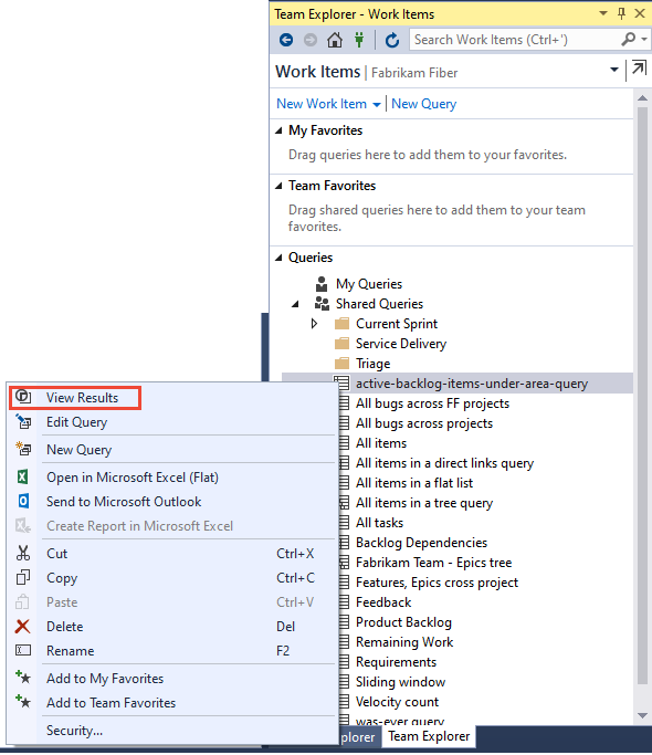 Captura de ecrã do Team Explorer, abra o menu de contexto para uma consulta, escolha Ver Resultados.