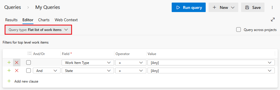 Captura de ecrã do Editor de Consultas com uma lista simples de itens de trabalho selecionados.