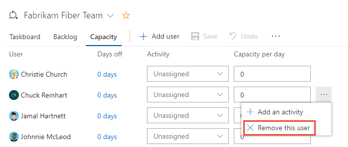 Captura de ecrã da lista Capacidade de cópia Remover utilizador da capacidade.