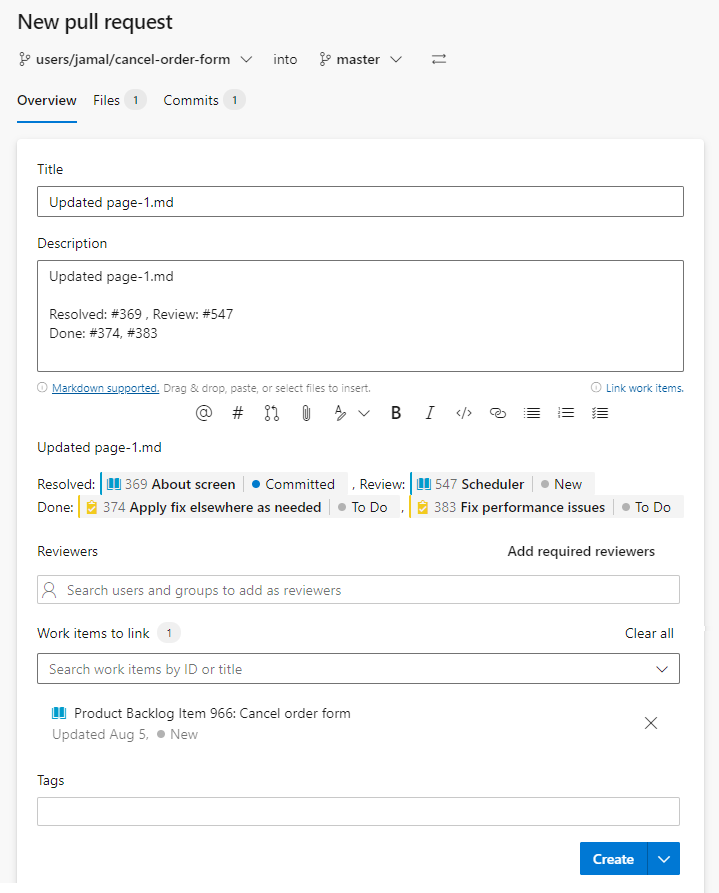 Captura de tela da solicitação pull, defina o estado do fluxo de trabalho para fazer a transição #ID itens de trabalho.