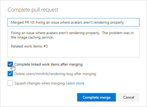 Caixa de diálogo de solicitação pull completa, Preenchimento automático de itens de trabalho com conclusão da opção PR