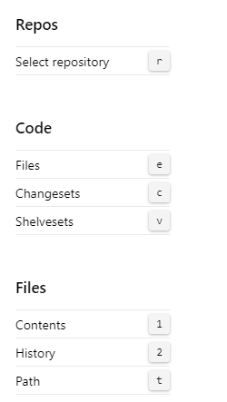 Captura de ecrã que mostra os atalhos de teclado do Azure DevOps 2020 Repos TFVC.