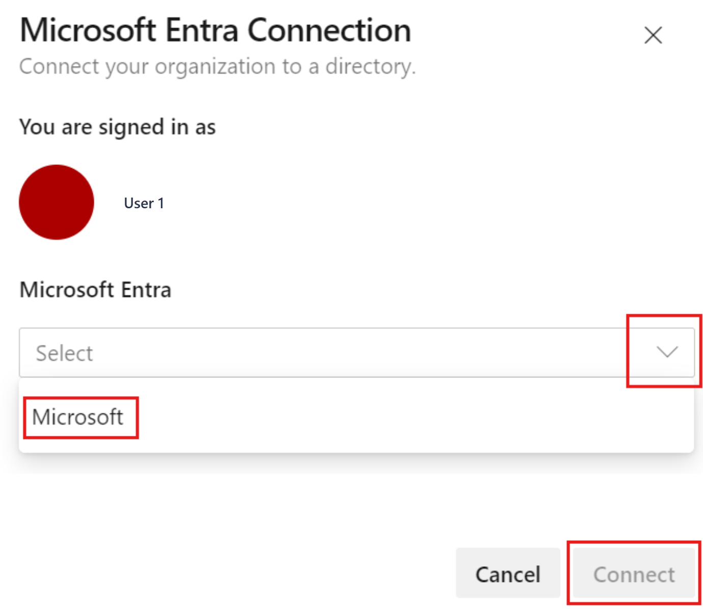 Captura de ecrã a mostrar o menu pendente Microsoft Entra e, em seguida, o botão Ligar realçado.