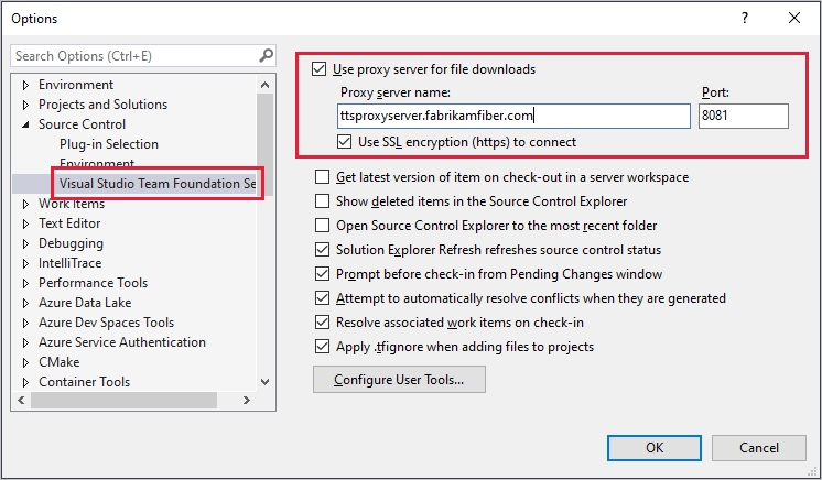 Captura de tela da página de configuração de proxy VS TFVC, caixa de diálogo Opções.