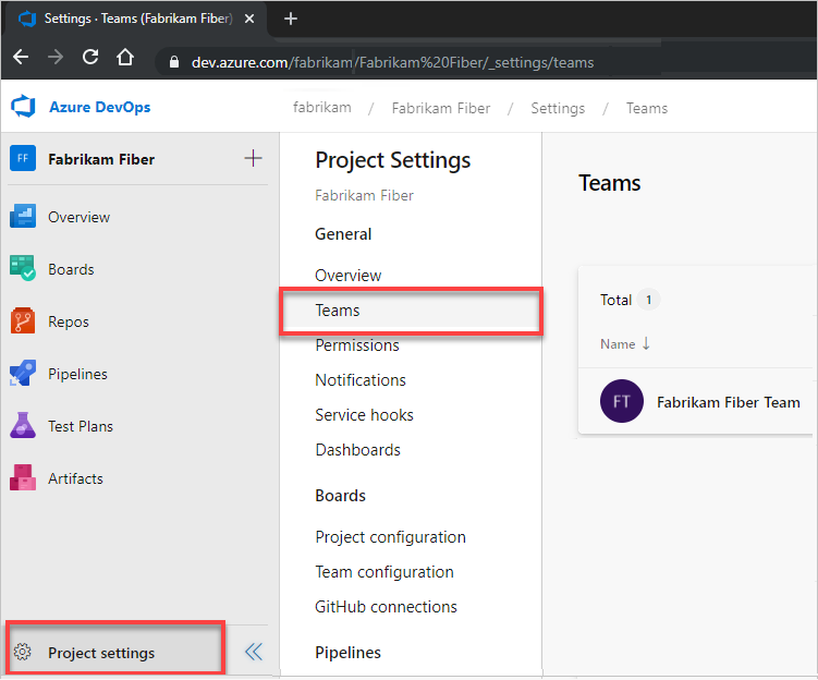 Captura de tela das configurações do Project e dos botões do Teams para seleção.