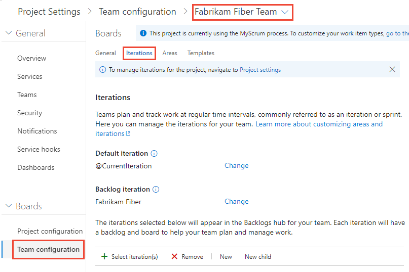 Captura de tela da página Configurações do projeto, Configuração da equipe, Iterações.