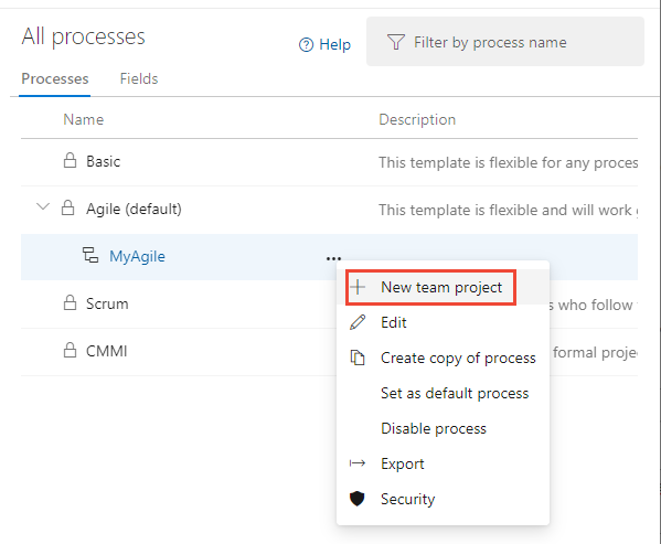 Criar um projeto a partir do processo selecionado