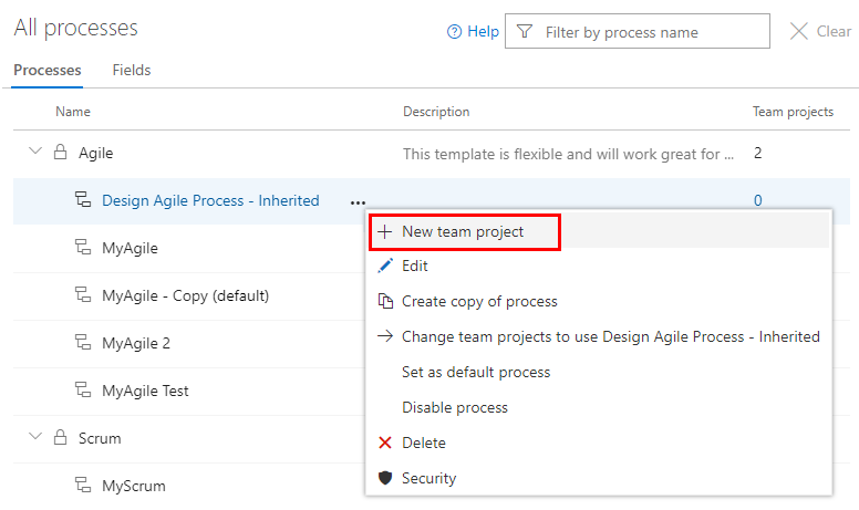 Criar um projeto a partir do processo selecionado