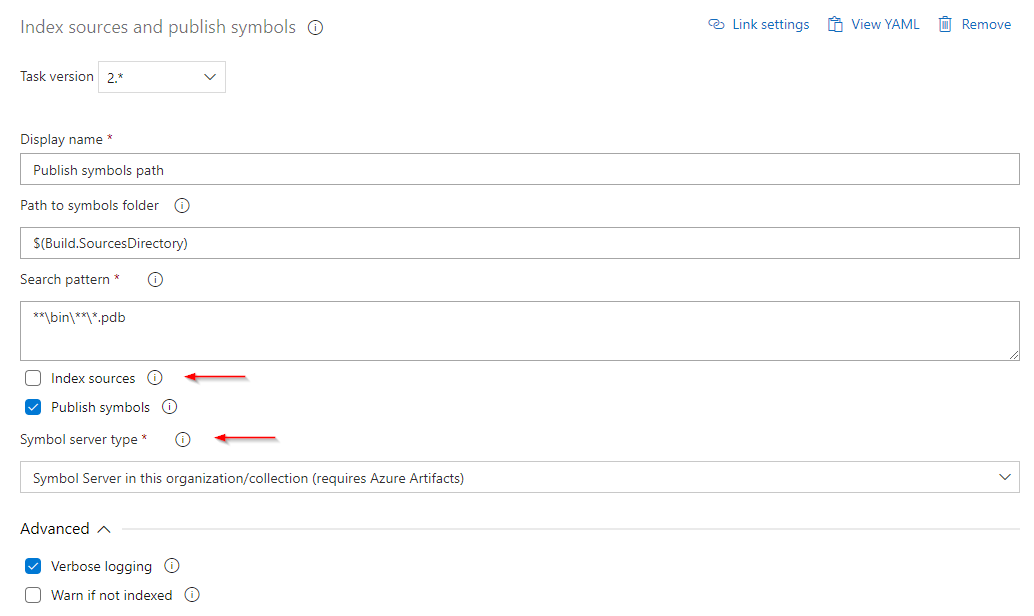 Uma captura de tela mostrando como configurar a tarefa de publicação para publicar PDBs portáteis no servidor de símbolos de Artefatos do Azure.