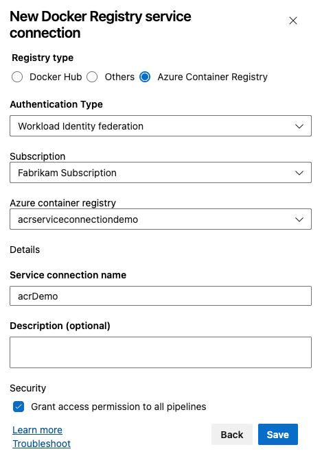 Uma captura de tela mostrando como configurar uma conexão de serviço de registro docker para federação de identidade de carga de trabalho.