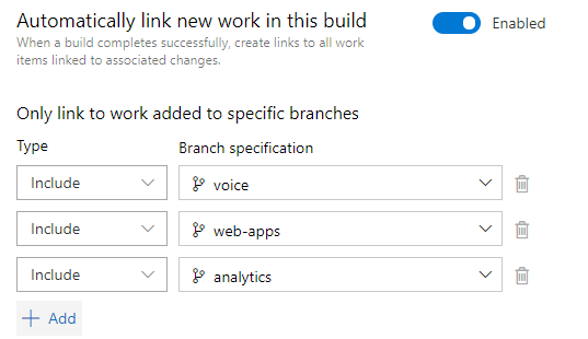 Captura de tela de Vincular automaticamente itens de trabalho nas configurações desta propriedade de compilação.