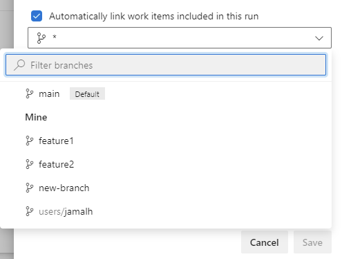 Captura de ecrã da definição para ligar automaticamente os itens de trabalho incluídos nesta execução.