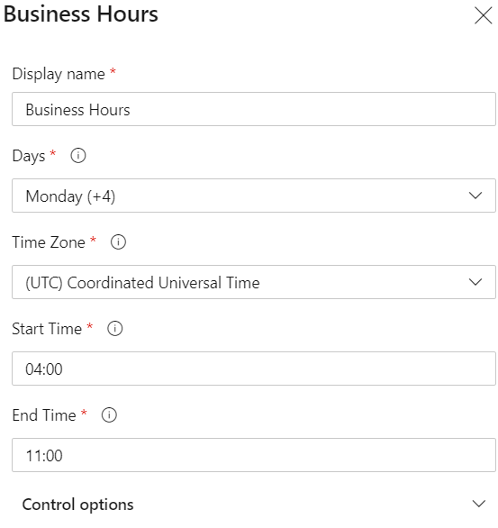 Configuração da verificação de horário comercial.