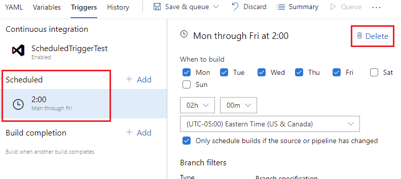 Exclua gatilhos agendados na interface do usuário de configurações de pipeline.