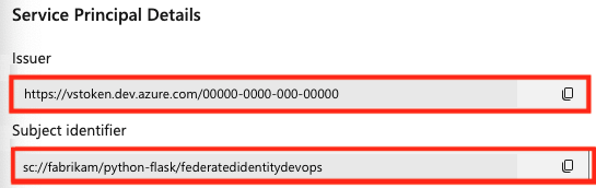 Captura de tela que mostra as credenciais de DevOps para autenticação federada.