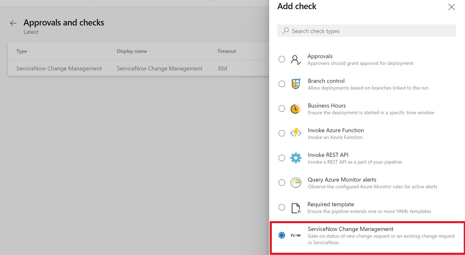 Uma captura de tela mostrando como adicionar uma verificação do ServiceNow Change Management.