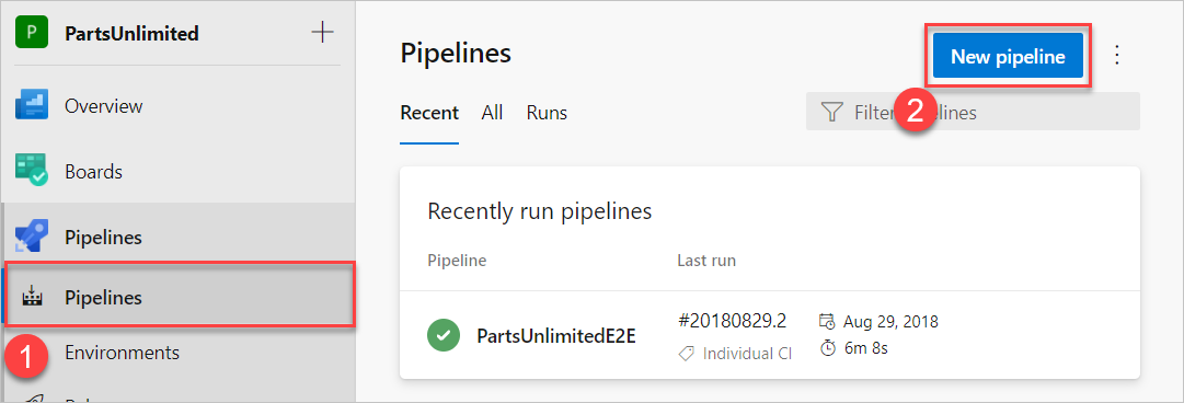 Dois botões para selecionar para a criação de um novo pipeline.