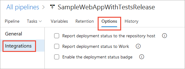 Captura de ecrã das opções de Integrações para pipelines Clássicos, Azure DevOps 2019 e versões anteriores