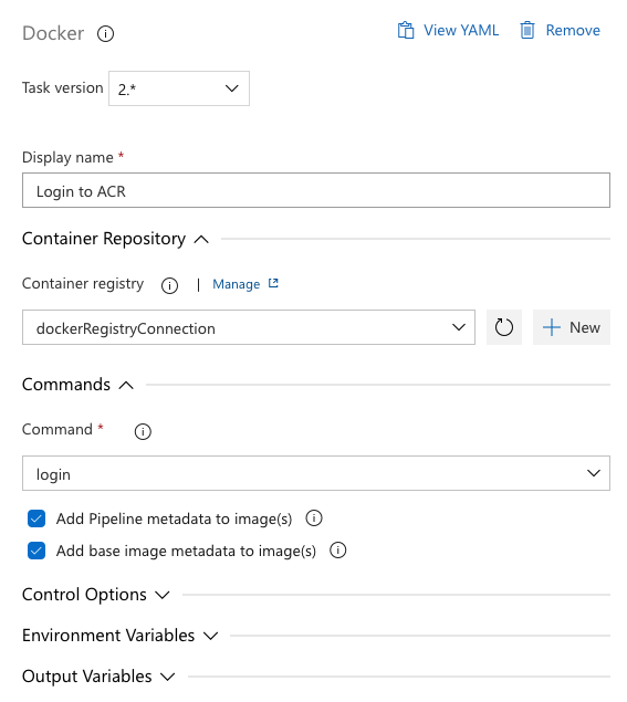 Captura de ecrã do início de sessão da tarefa de registo de contentor do Docker. 