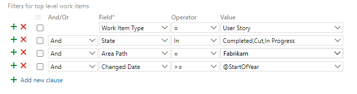 Captura de ecrã do Editor de Consultas, filtrar Histórias de Utilizador por Estado.