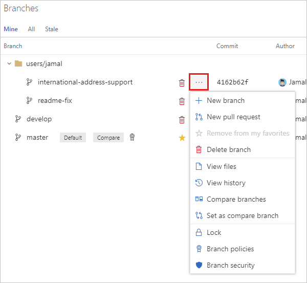 Aceda aos ficheiros de visualização e ao histórico de revisões a partir do menu de contexto das ramificações