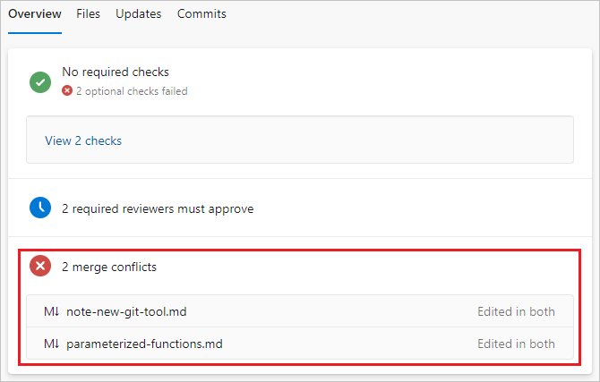 Captura de tela que mostra conflitos de mesclagem na guia Visão geral de um P R.