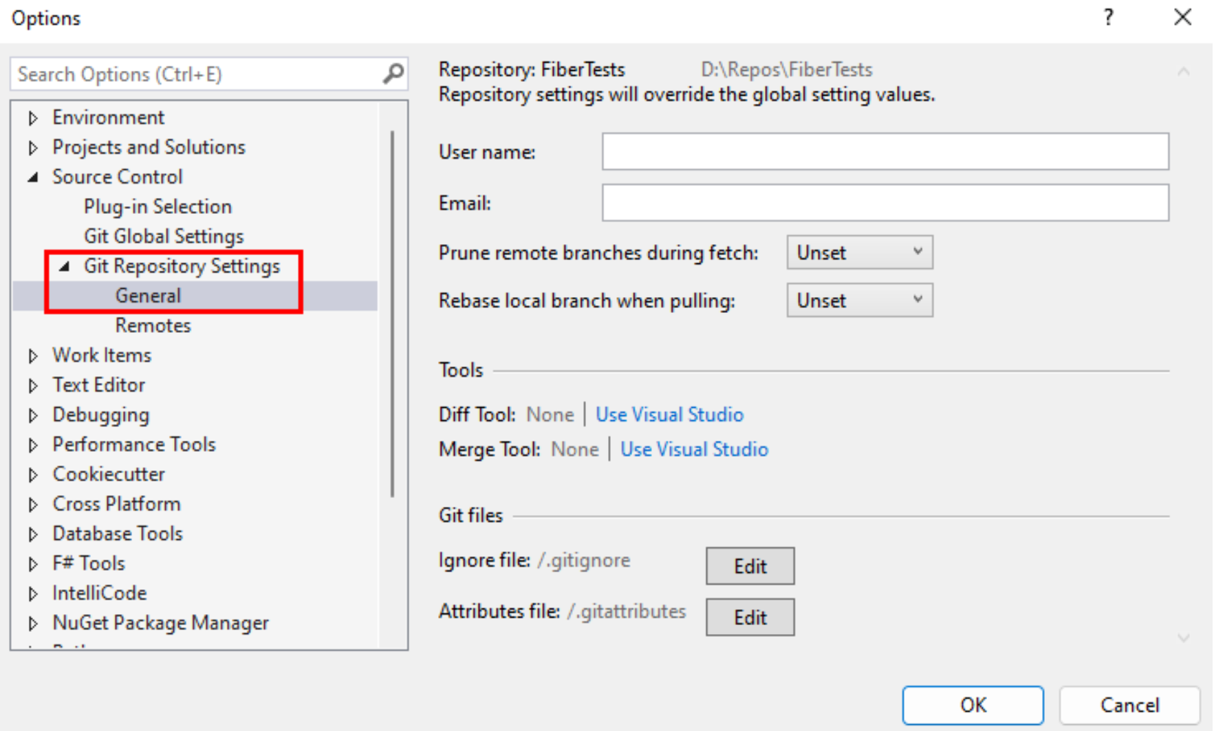 Captura de tela das Configurações do repositório Git na caixa de diálogo Opções do Visual Studio.