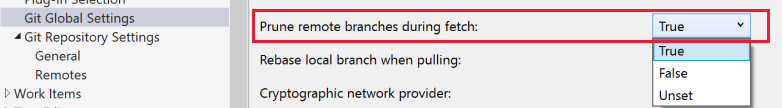 Captura de tela das ramificações remotas Prune durante a configuração de busca em Configurações Globais do Git na caixa de diálogo Opções do Visual Studio.