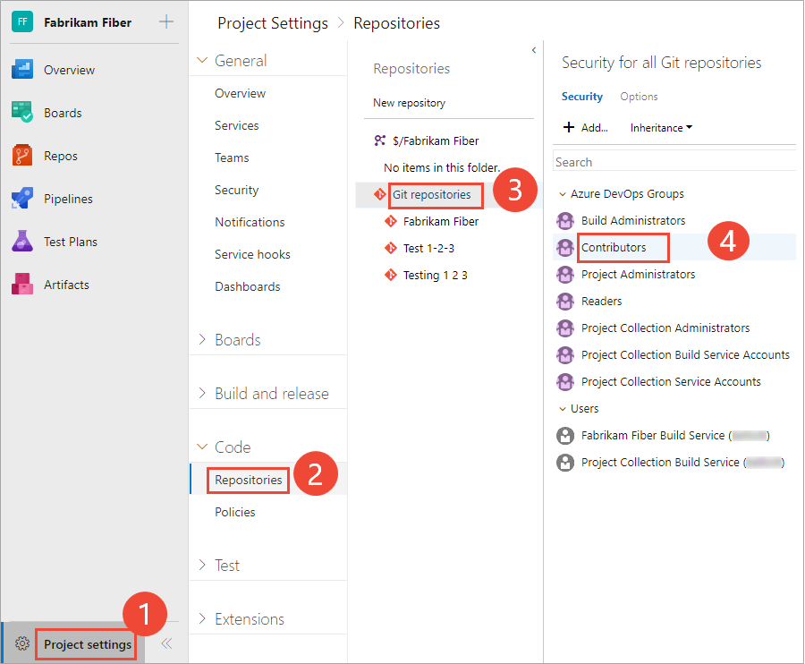 Configurações do>projeto Repositórios de código>Repositórios>>Git Segurança