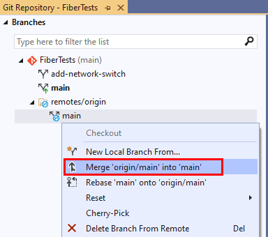 Captura de tela da opção Mesclar na janela Repositório Git do Visual Studio 2019.